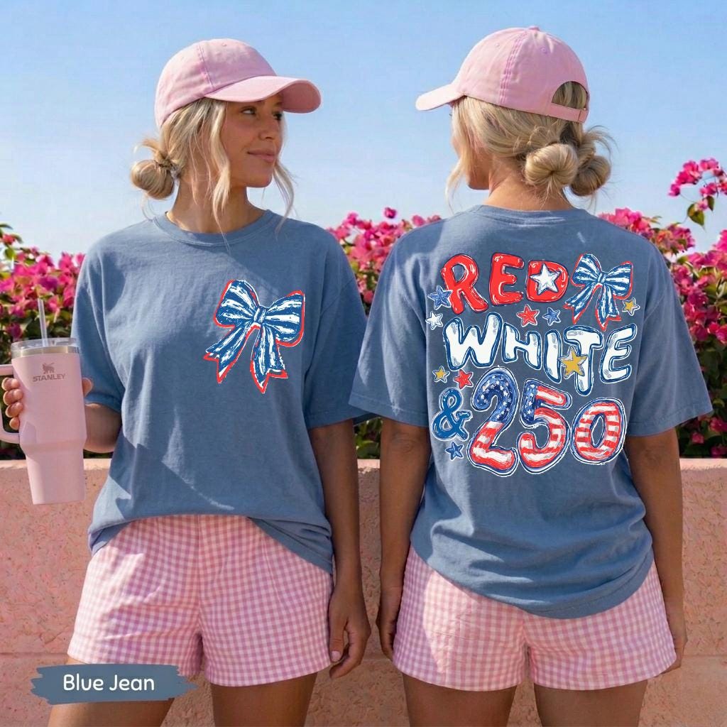 Comfort Colors Red White Blue 250th Anniversary Front Back Side 4th July Preppy Patriotic Tee Flag (1)