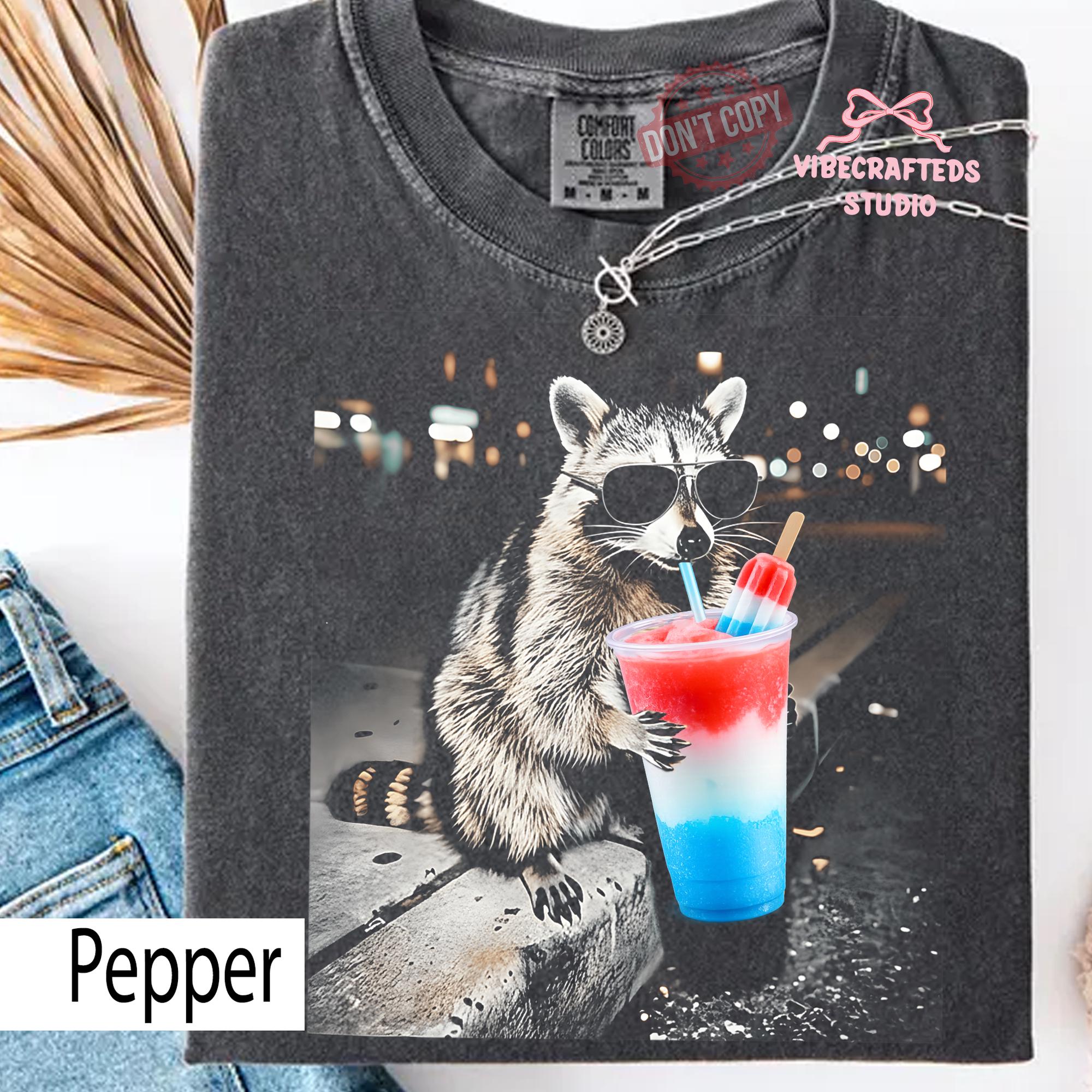 4th July Raccoon Drinking Patriotic Slushie Comfort Colors American Meme Tee Red White Blue Popsicle Drink (1)