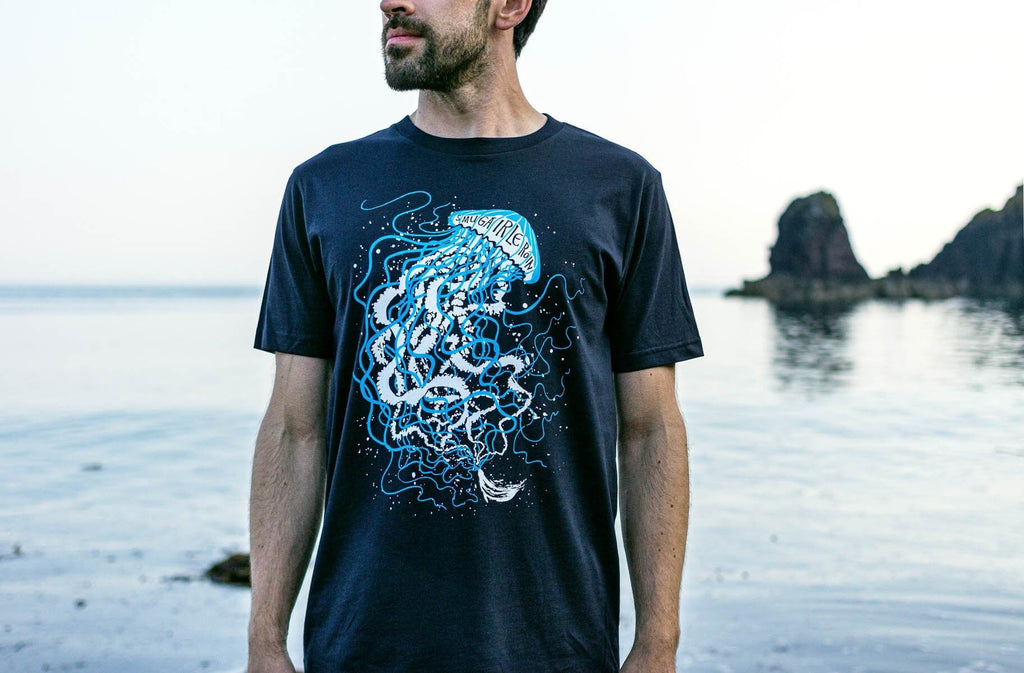 Smugairle Organic Earth Positive Tee Irish Word Jellyfish Seal Spit Dark Navy Blue (1)