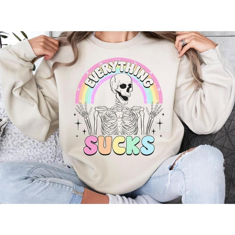 #030 Everything Sucks Rainbow Skeleton -    - Print Unisex Crew neck Tee T-shirt