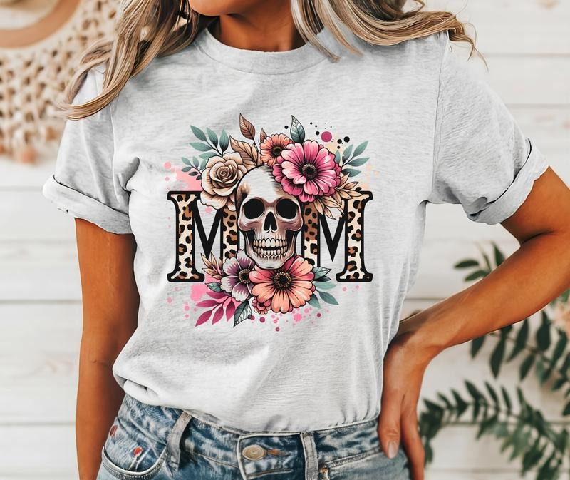 #046 - Skull Mom Cheetah Floral Flower - Print Unisex Crew neck Tee T-shirt - Shirt Hoodie, Sweatshirt | HypeDripTees.com