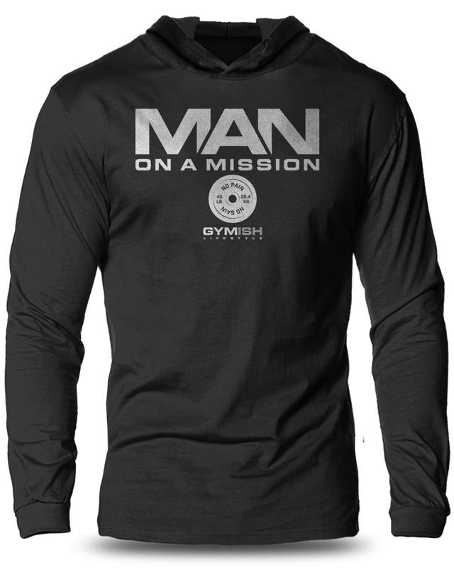 072. Man On A Mission Lightweight Workout Long Sleeve Hooded Gym T-shirt for Men Soft Cotton Menswear Hoodie, Sweatshirt
