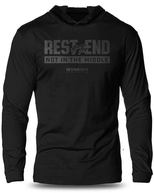 087. Rest At The End Lightweight Workout Long Sleeve Hooded Gym T-shirt for Men Soft Cotton Menswear Hoodie, Sweatshirt