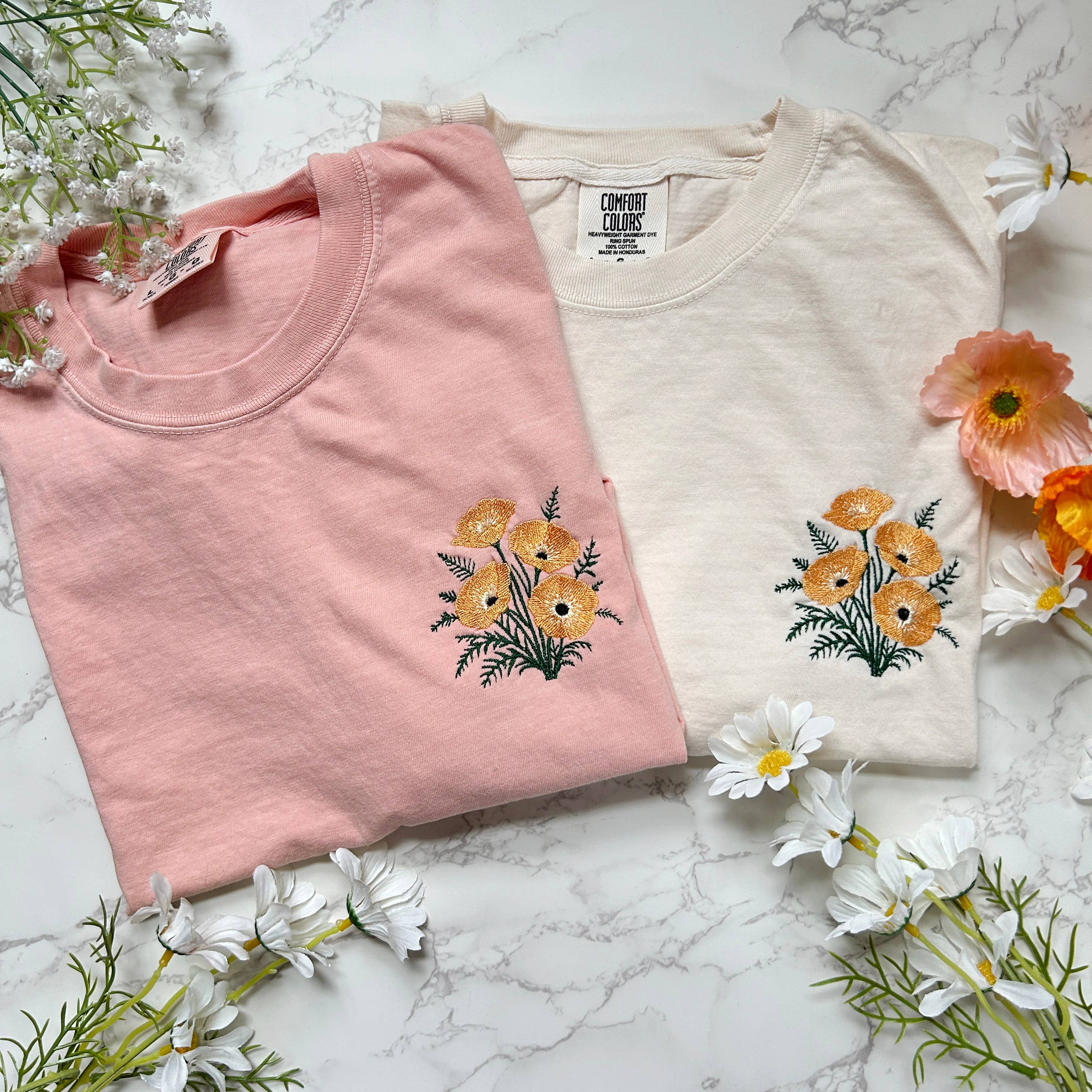 Embroidered California Poppy Flower Women's Boxy Tshirt