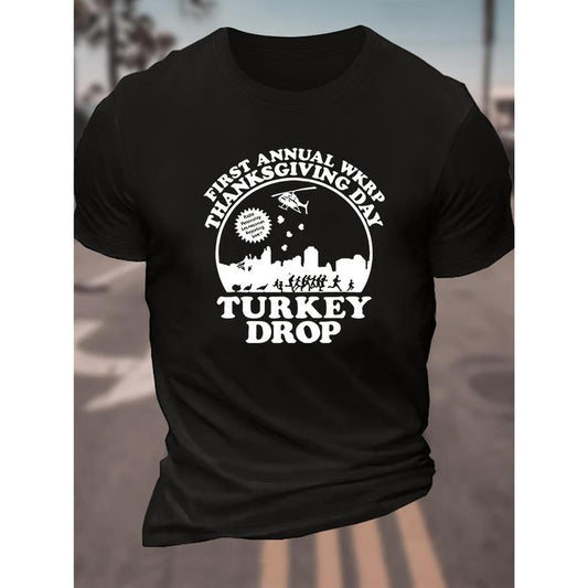 1 pc, 100% cotton T-shirt, Crew Neck Turkey Drop Print Men's Fashionable Summer Short Sleeve Sports T-shirt, Comfortable And Versatile made in usa