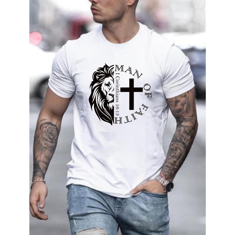 1 pc, 100% cotton T-shirt, Lion And Cross Print Men's Crew Neck Fashionable Short Sleeve Sports T-shirt, Comfortable And...