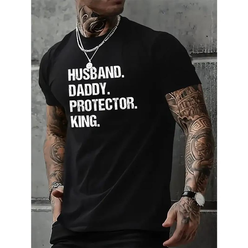 [100% Cotton] 100% Polyester Plus Size Casual Crew Neck Regular Fit "Husband, Daddy, Protector, King" Print Summer...