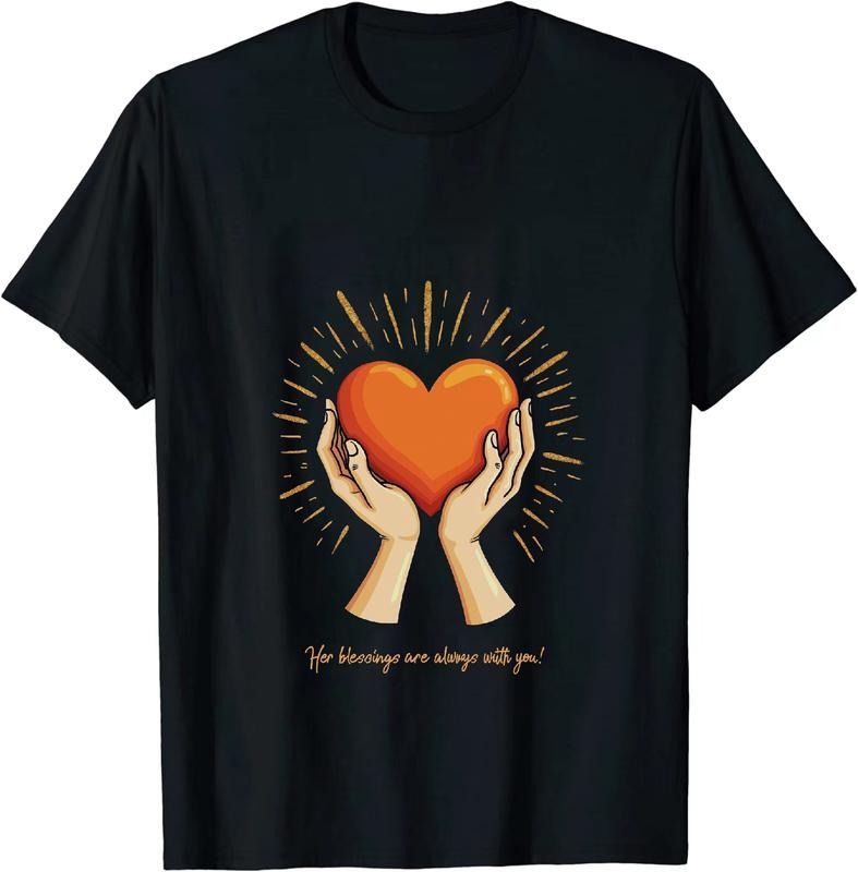 [100% Cotton] Black T-Shirt With Orange Heart And Hands Design Radiating Positive Energy Hoodie, Sweatshirt