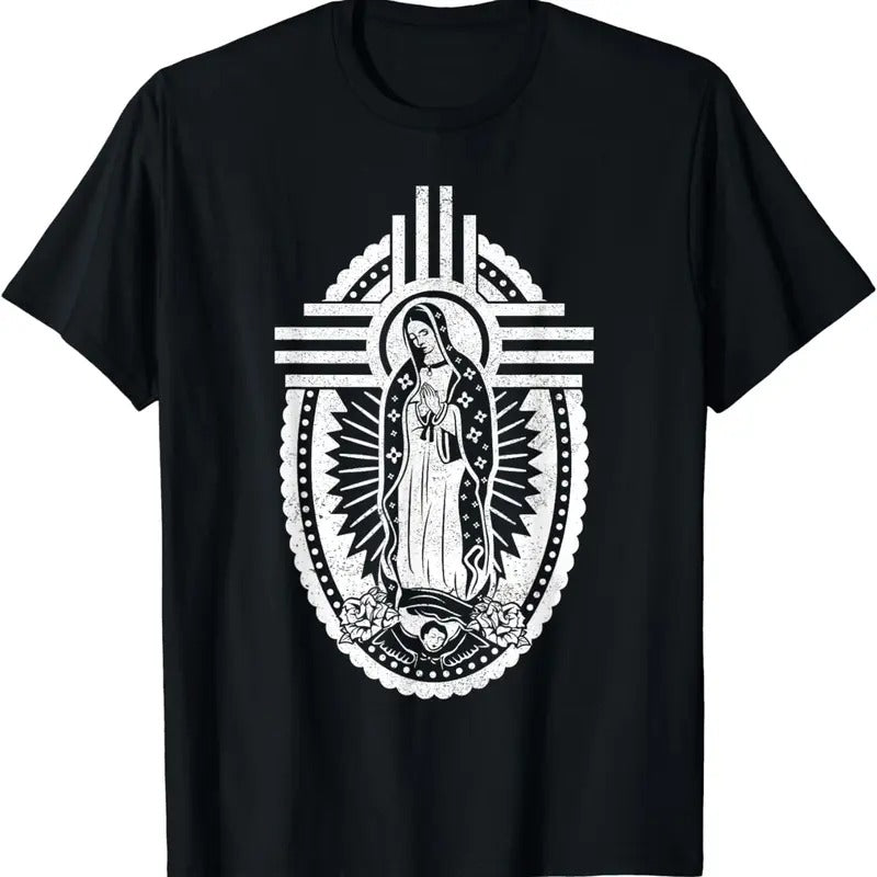 [100% Cotton] Blessed Virgin Mary Religious Icon Cross T-Shirt With Sacred Halo Design Hoodie, Sweatshirt | HypeDripTees.com