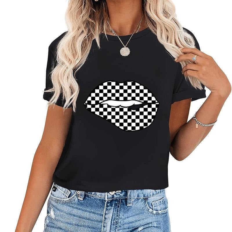 [100% Cotton] Bold Checkered Lips Graphic Print Trendy Casual T-Shirt For Women Hoodie, Sweatshirt | HypeDripTees.com