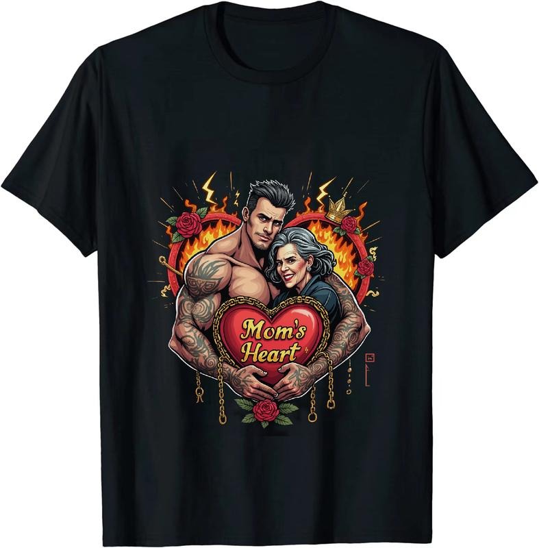 [100% Cotton] Bold Love Design Mom Heart Flames Roses Tattoo T-Shirt For Cool Style Hoodie, Sweatshirt | HypeDripTees.com
