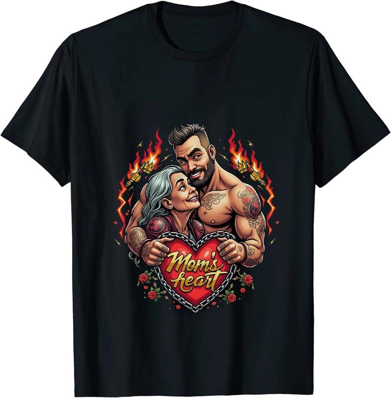 [100% Cotton] Bold Tattooed Couple With Flames And Roses Mom Heart Graphic T-Shirt Hoodie, Sweatshirt | HypeDripTees.com