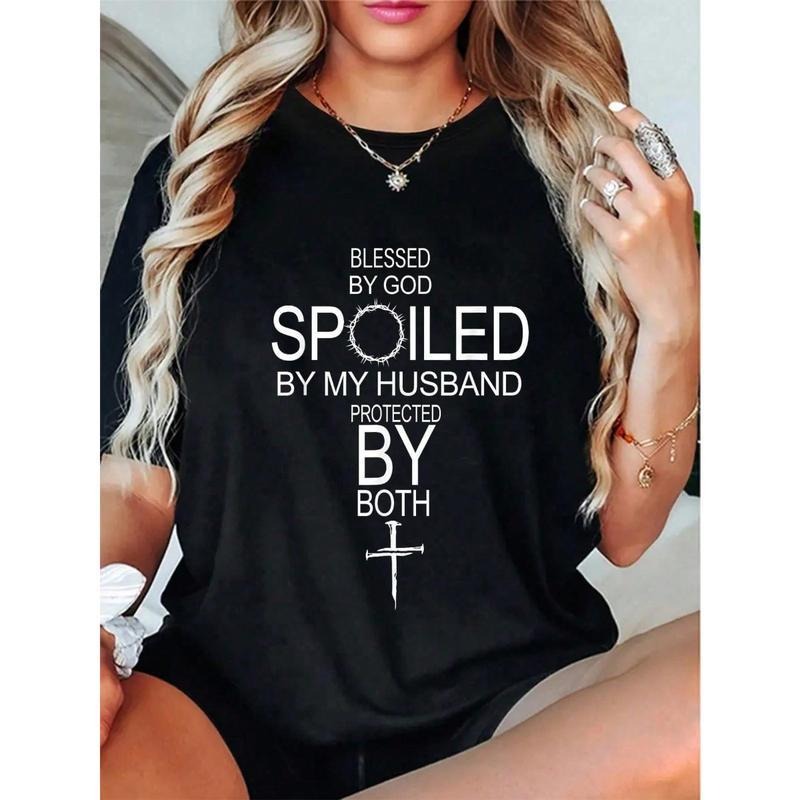 100% Cotton  By God Spoiled By My Husband Protected By Boths T-Shirt Casual Fashion Comfy Casual Chic Minimalist Black...