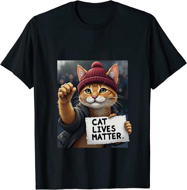 [100% Cotton] Cool Cat In Red Beanie Holding Protest Sign T-Shirt For Animal Lovers And Pet Owners