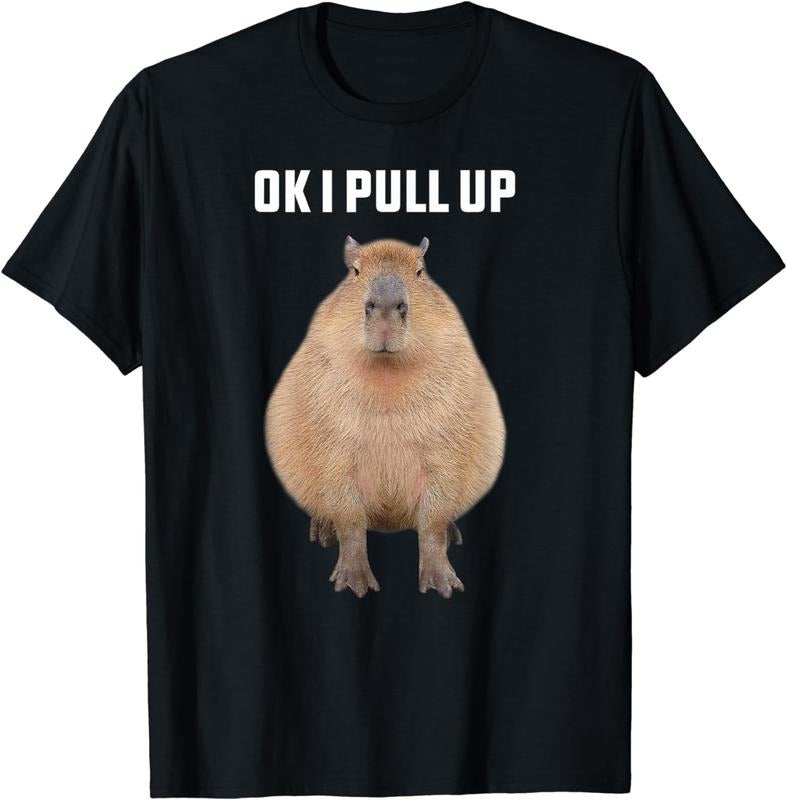 [100% Cotton] Cute Capybara With OK I Pull Up Text Trendy Animal T-Shirt