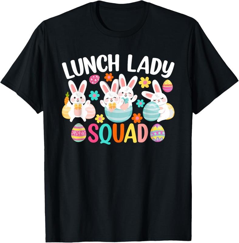 [100% Cotton] Easter Bunny Squad Lunch Lady Cartoon Rabbit Flower T-Shirt With Colorful Eggs Design Hoodie, Sweatshirt