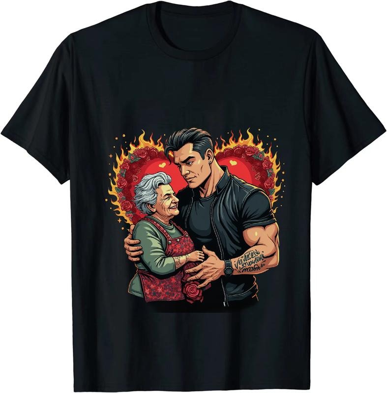 [100% Cotton] Fiery Love Hearts Grandma And Strong Man Couple T-Shirt Design With Flames Hoodie, Sweatshirt