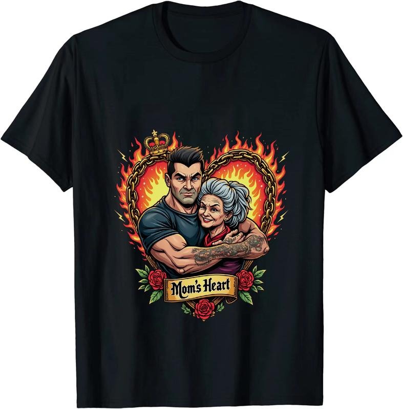 [100% Cotton] Flaming Heart Love Couple Mom And Son Matching T-Shirt With Crown And Roses Design Hoodie, Sweatshirt