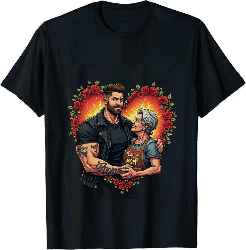 [100% Cotton] Flaming Heart Tattooed Man And Grandma Love T-Shirt With Rose Wreath Design Hoodie, Sweatshirt