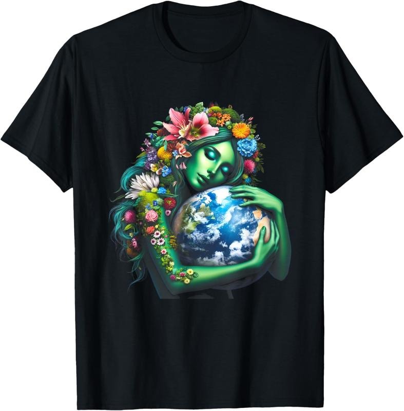 [100% Cotton] Green Earth Lover With Floral Hair Hugging Globe Eco Friendly T-Shirt Hoodie, Sweatshirt | HypeDripTees.com