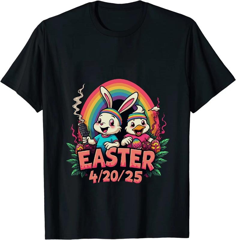 [100% Cotton] Groovy Easter 4 20 25 Bunny And Duck T - Shirt With Rainbow And Eggs Hoodie, Sweatshirt | HypeDripTees.com