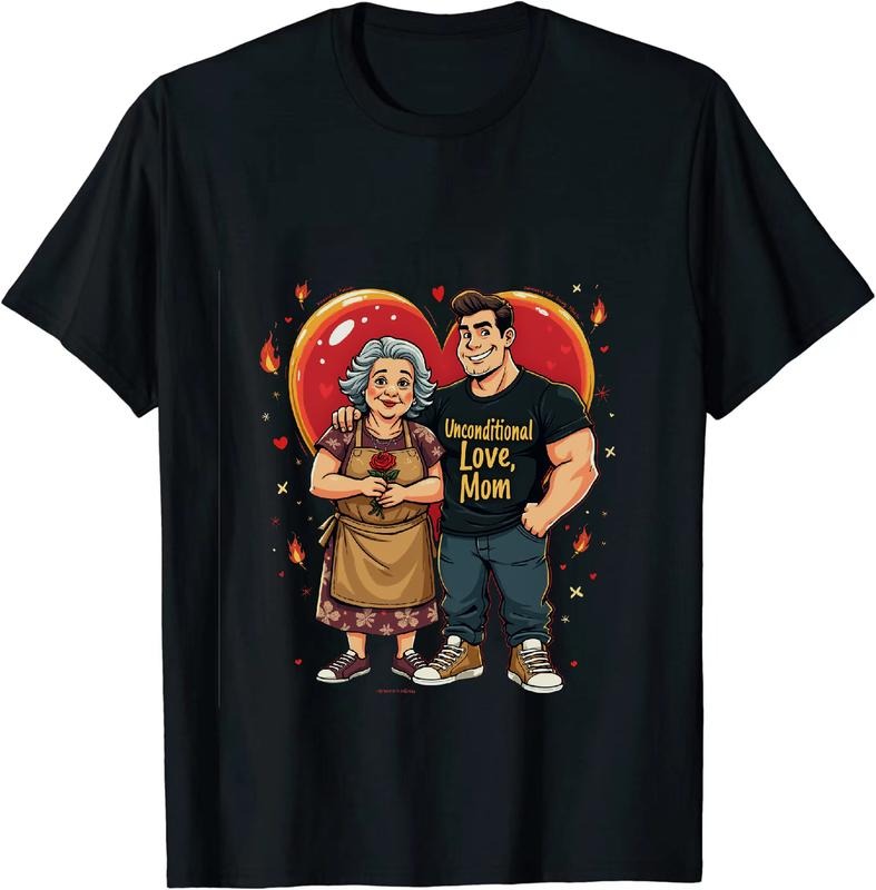 [100% Cotton] Heartwarming Grandma And Muscular Grandson Love T-Shirt With Red Roses And Hearts Design Hoodie, Sweatshirt