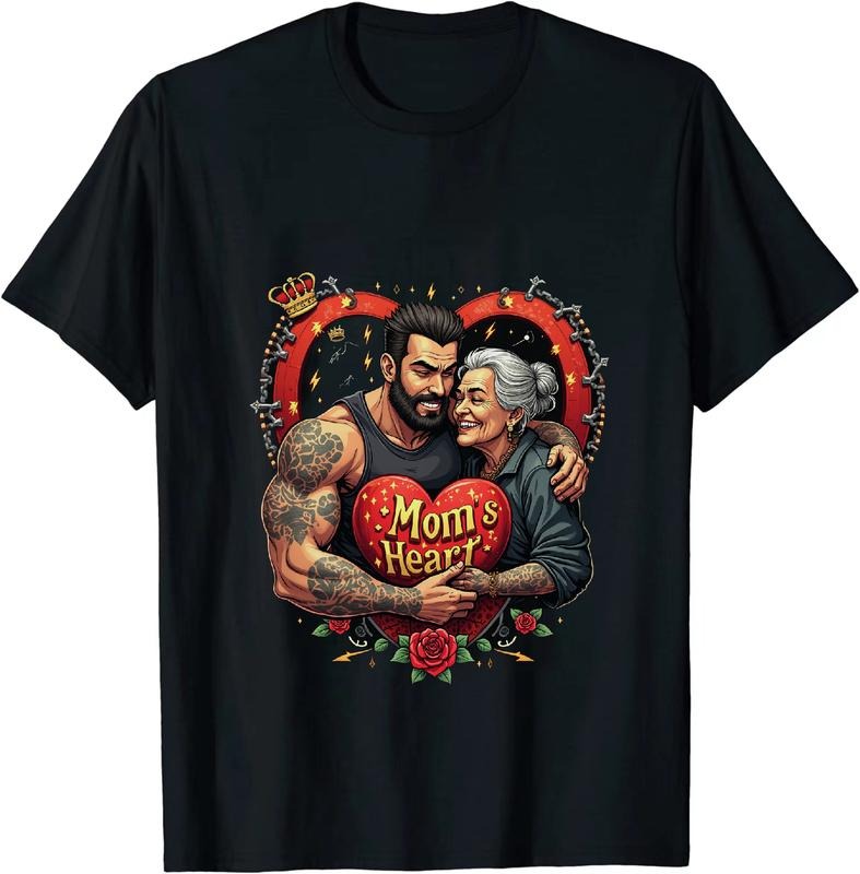 [100% Cotton] Heartwarming Mom And Son Embrace Love Tattooed Man T-Shirt With Floral Decor Hoodie, Sweatshirt