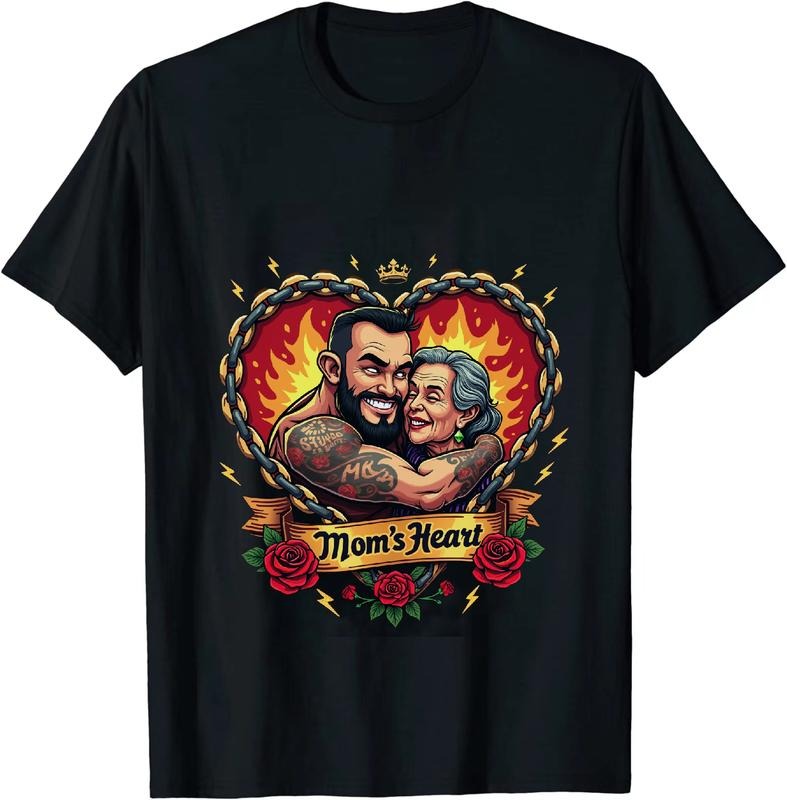 [100% Cotton] Heartwarming Mom And Son Flames Love Tattoo T-Shirt With Crown And Roses Design Hoodie, Sweatshirt