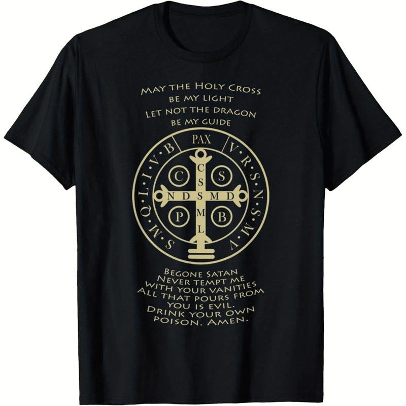 [100% Cotton] Holy Cross Golden Symbol Prayer T-Shirt With Latin Inscription And Sacred Message For Faithful Wearers...