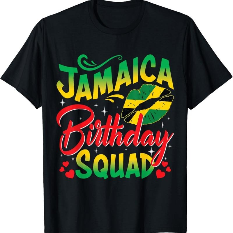 [100% Cotton] Jamaica Birthday Squad Vibes Black T-Shirt With Colorful Lips And Hearts Design Hoodie, Sweatshirt