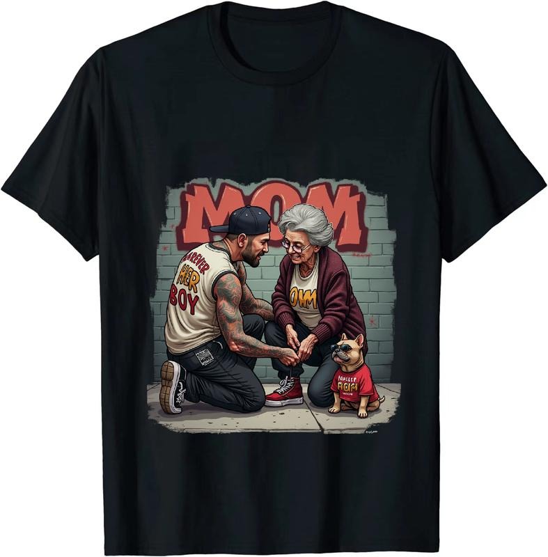 [100% Cotton] Mama Street Love T-Shirt Graffiti Cartoon Style with Muscular Son and Corgi Dog Hoodie, Sweatshirt
