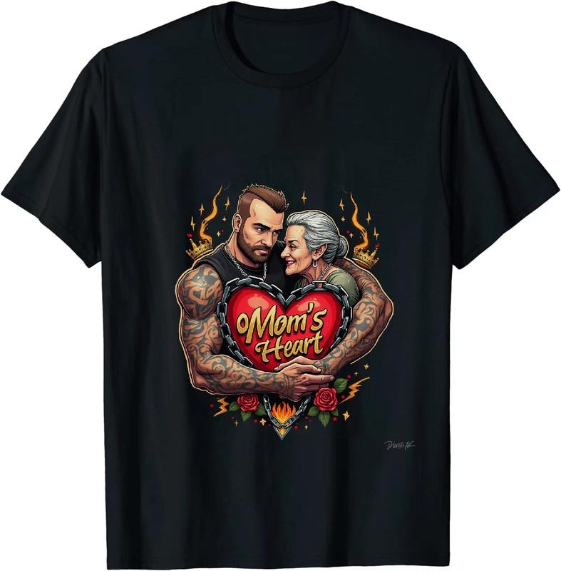[100% Cotton] Mom Heart Love Family Bond Tattoo Couple Embrace Romantic T-Shirt Design With Flames And Roses Hoodie,...