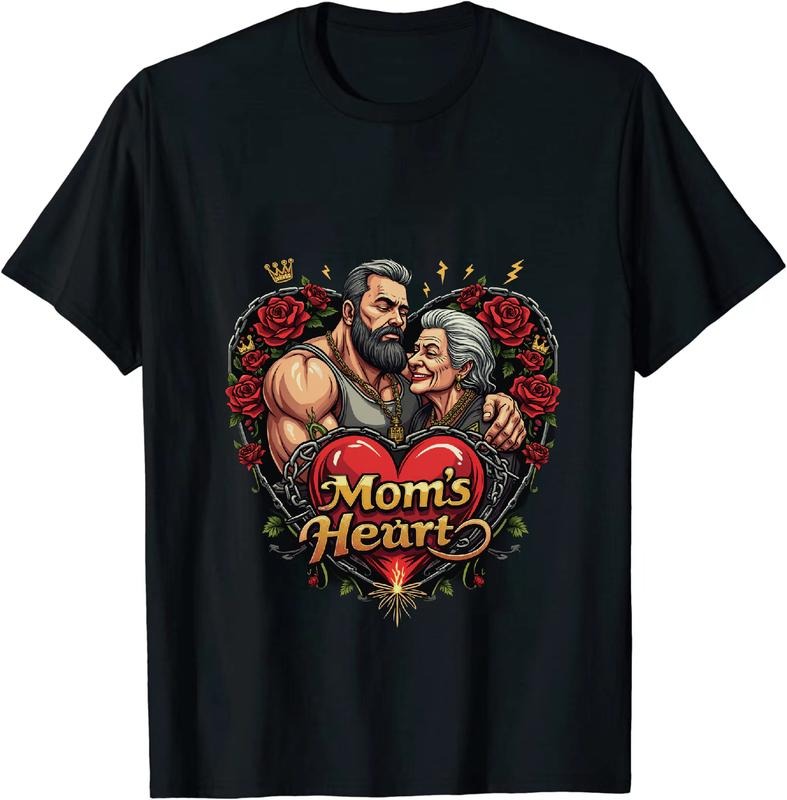 [100% Cotton] Mom Heart Love Roses Crown And Lightning Bolt T-Shirt With Muscular Man Hugging Elderly Woman Design...