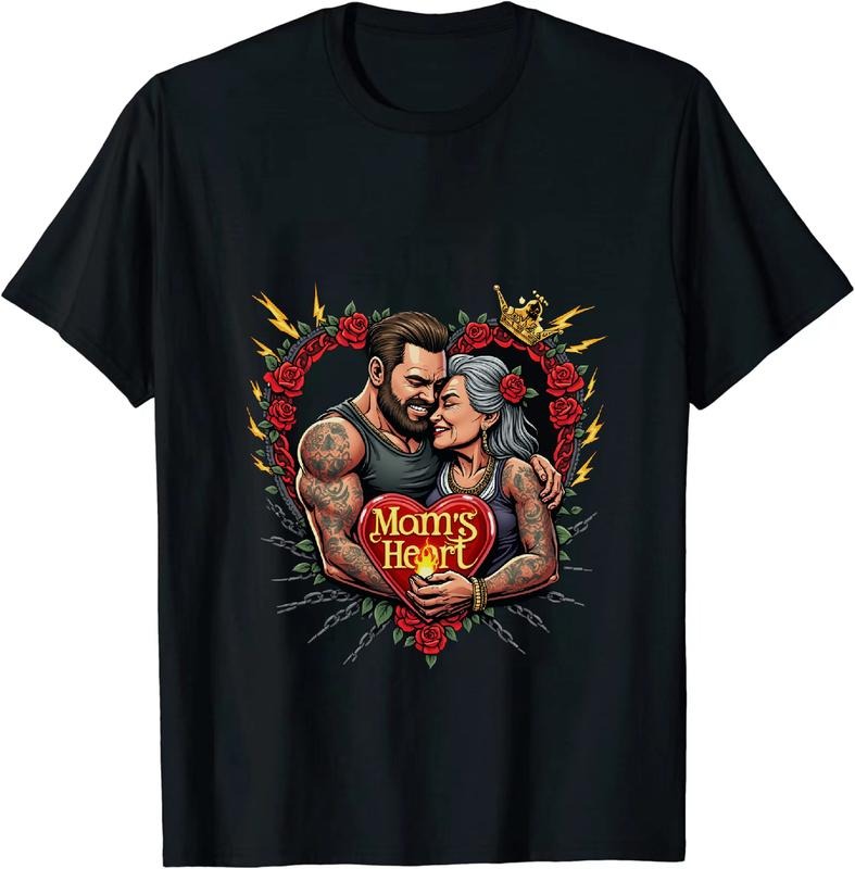 [100% Cotton] Mom Heart Tattoo Couple Love Rose Lightning Bold Graphic T-Shirt For Family Bonding Hoodie, Sweatshirt