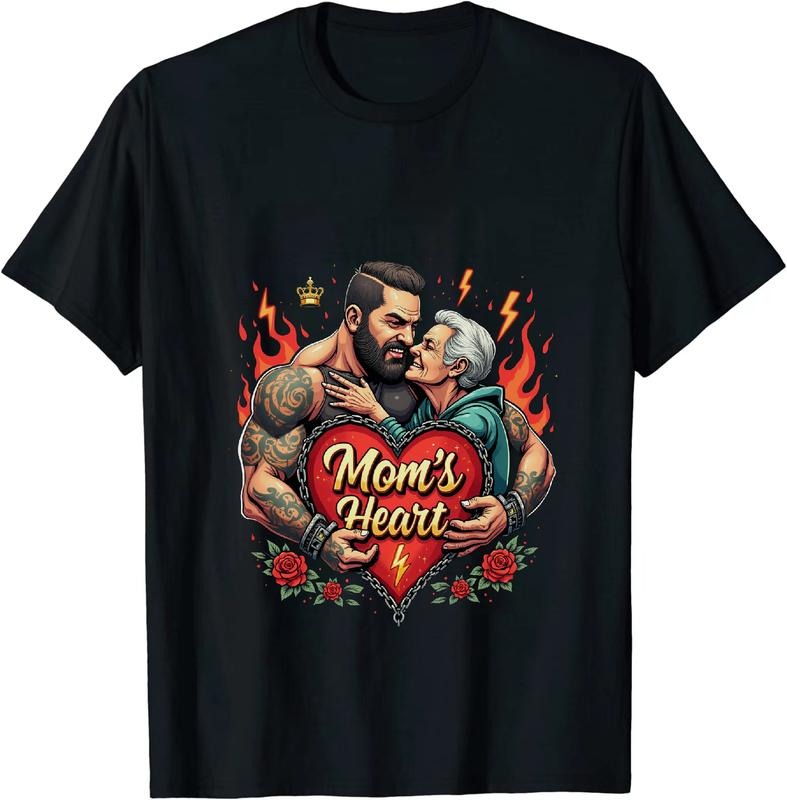 [100% Cotton] Mom Heart Tattoo Love Embrace Flames Chain T-Shirt Retro Design Vibrant Colors Hoodie, Sweatshirt