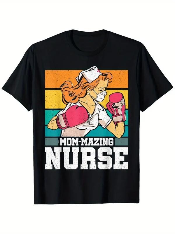 [100% Cotton] Mom-mazing Nurse Boxing Graphic T-Shirt 180g Cotton Short Sleeve Retro Stripes Distressed Print Hoodie,...