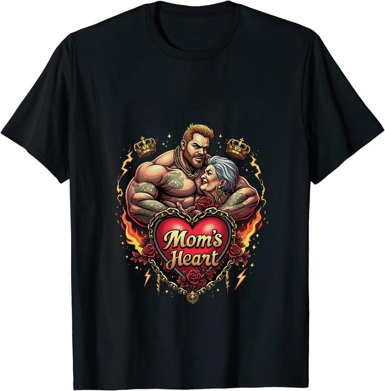 [100% Cotton] Muscular Man And Elderly Woman With Flaming Heart Mom Love T-Shirt Hoodie, Sweatshirt | HypeDripTees.com
