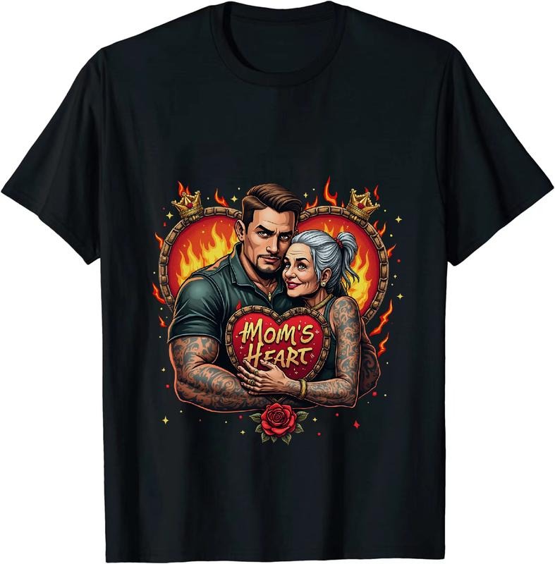 [100% Cotton] Muscular Man And Gray Haired Woman With Flaming Heart Mom Love Graphic T-Shirt Hoodie, Sweatshirt