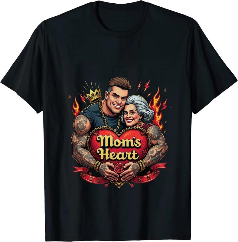 [100% Cotton] Muscular Man With Mom Heart Tattoo T-Shirt Featuring Bold Comic Art And Flames Hoodie, Sweatshirt