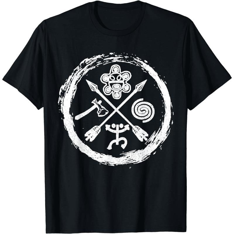 [100% Cotton] Mystical Spiral Axe And Staff Tribal Art Black T-Shirt With Unique Circular Design Hoodie, Sweatshirt
