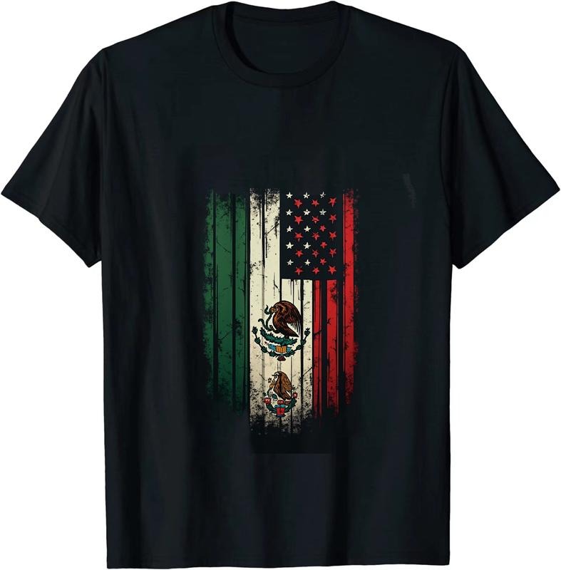 [100% Cotton] Patriotic Mexican American Flag Fusion Vintage Style T-Shirt With Bold Colors And National Emblem Design...