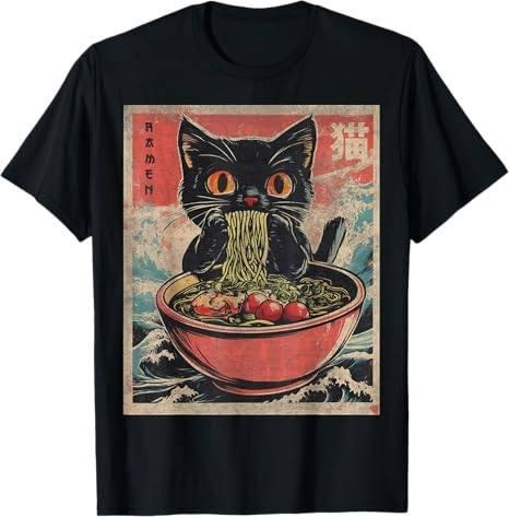 [100% Cotton] Quirky Japanese Inspired Black Cat Eating Noodles T
