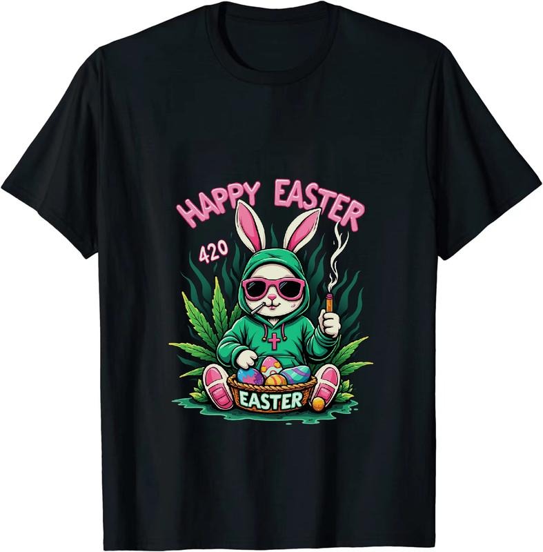 [100% Cotton] Retro Vibes Happy Easter 420 Bunny T - Shirt In Green Hoodie Sweatshirt | HypeDripTees.com