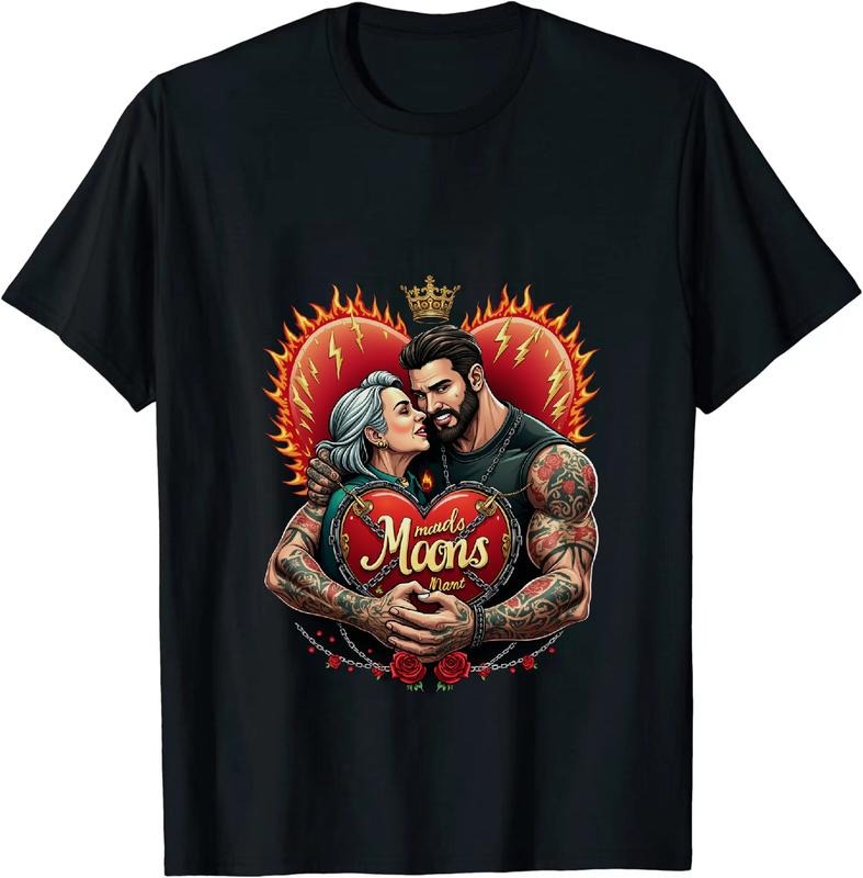 [100% Cotton] Romantic Couple With Crown And Tattoos Heart Flame Moon T-Shirt Hoodie, Sweatshirt | HypeDripTees.com