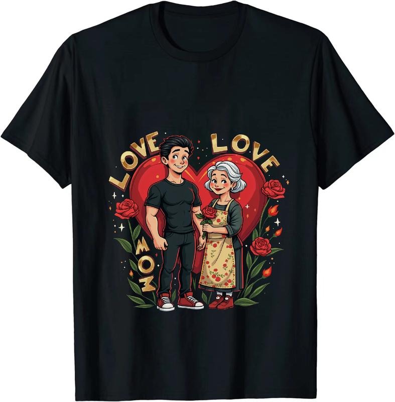 [100% Cotton] Romantic Love Mom Family Heart Roses T-Shirt With Cute Couple Cartoon Design Hoodie, Sweatshirt