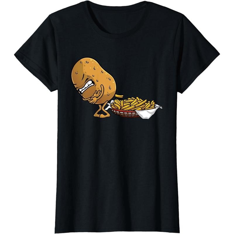 [100% Cotton] Stressed Potato Peeing On Fries Funny Cartoon T-Shirt Design For Humor Lovers Hoodie, Sweatshirt