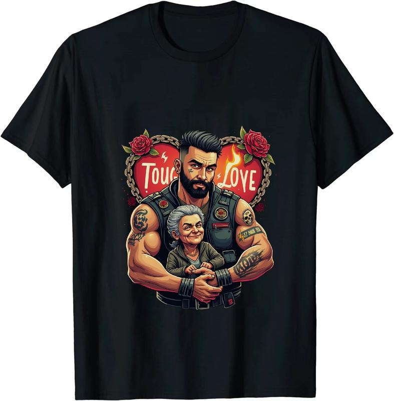 [100% Cotton] Strong Bond Tattooed Man And Elderly Woman Holding Hands With Roses T-Shirt Hoodie, Sweatshirt