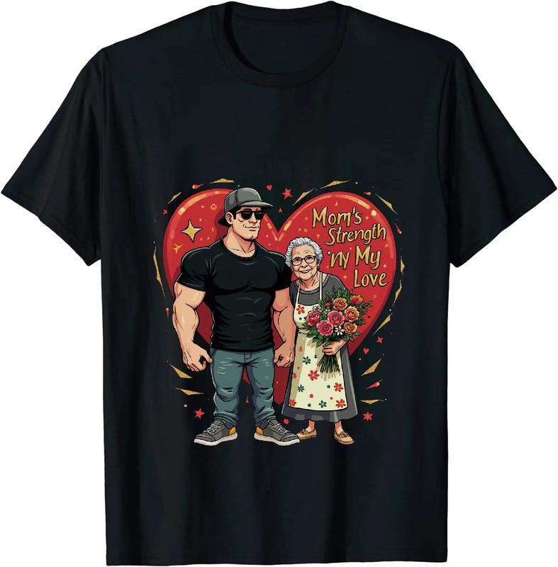[100% Cotton] Strong Man And Loving Grandma Heartwarming Family Bond T-Shirt Design With Red Heart And Flowers Hoodie,...
