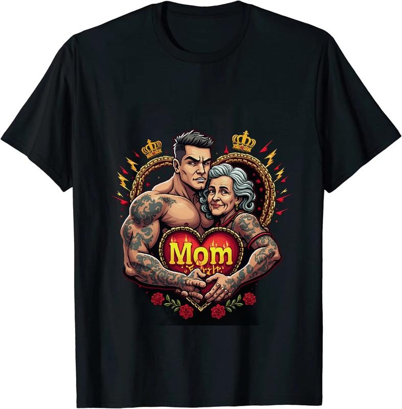 [100% Cotton] Strong Tattooed Man And White Haired Woman With Heart Mom T-Shirt Design With Crowns And Roses Hoodie,...