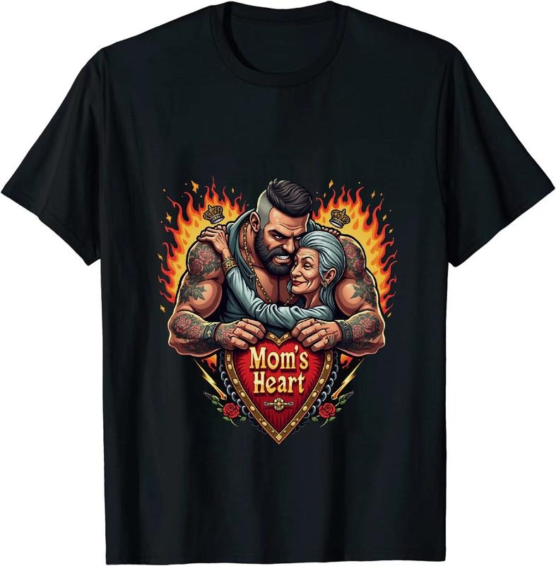 [100% Cotton] Strong Tattooed Man Embracing Mom With Fiery Heart T-Shirt Hoodie, Sweatshirt | HypeDripTees.com